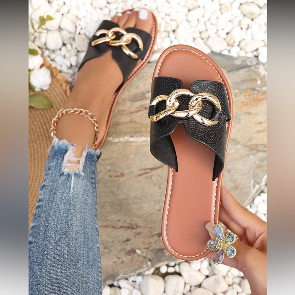 Women's Black and Gold Chain Slide Sandals